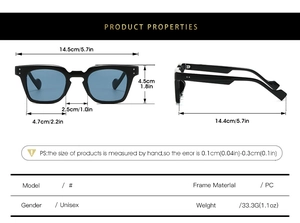 Diagramme technique avec dimensions et monture PC pour lunettes de soleil carrées