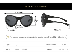 Dimensions détaillées des lunettes de soleil sport Y2K noires avec monture ovale en PC
