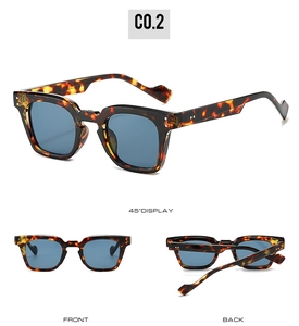 Vues détaillées des lunettes de soleil carrées écaillées avec rivets et verres bleus