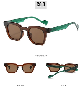 Trois vues de lunettes de soleil carrées avec doubles rivets et monture transparente
