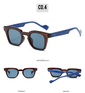 Détail de lunettes de soleil carrées en écaille avec branches bleues et rivets