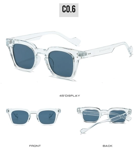 Trois vues de lunettes de soleil carrées transparentes avec verres bleu foncé et rivets