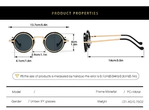Tableau des tailles détaillé pour lunettes de soleil rondes rétro avec mesures de monture et verres