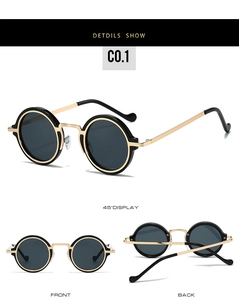 Vues détaillées de lunettes de soleil punk vintage avec verres noirs et montures dorées