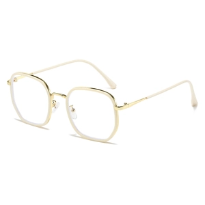 Polished beige and gold irregular polygonal eyeglass frames with clear lenses