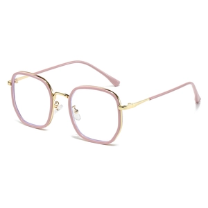 Pink and gold geometric hexagonal anti-blue light glasses with metal temples on white