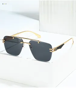 Close-up of golden metal hinge and gradient lenses on rimless aviator sunglasses