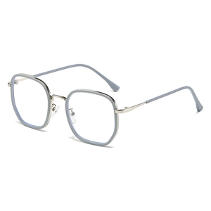 Silver metal square glasses frames with blue rims and anti-blue light lenses in a 3/4 view