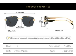 Detailed size chart for rimless sunglasses showing metal frame dimensions and weight