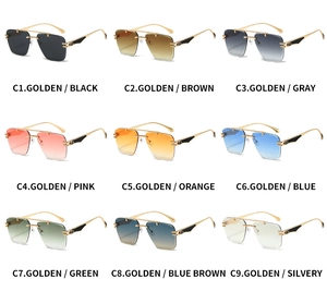 Matrix display of rimless square sunglasses in nine gradient colors with gold metal temples