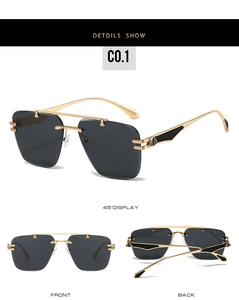 Frameless rimless sunglasses detail showing geometric cut gradient lenses and metal temples