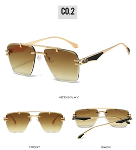 Three-angle display of frameless gradient sunglasses with gold metal geometric temples