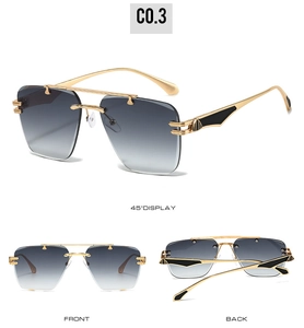 Three perspectives of rimless metal sunglasses with gradient lenses and golden temples