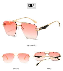Three views of rimless gradient orange-pink sunglasses with gold metal temples
