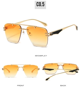 Three views of frameless gradient orange sunglasses with gold metal frame and geometric legs