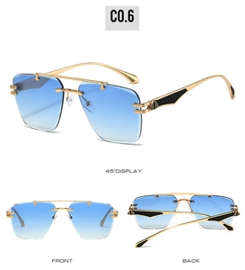 Detailed views of rimless gradient blue sunglasses with sleek gold metal temples