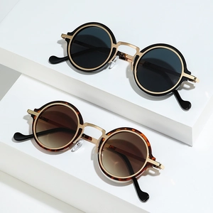 Lunettes de soleil punk rondes rétro noires et écailles avec monture dorée sur socle blanc