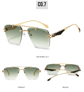 Frameless sunglasses with green gradient lenses and gold metal frame shown from three angles