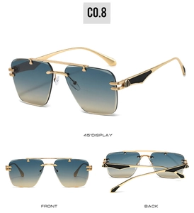 Three angles of rimless gradient sunglasses with gold metal double bridge frames