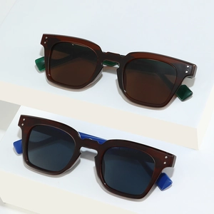 Lunettes de soleil rétro à monture carrée avec rivets argentés et branches bicolores