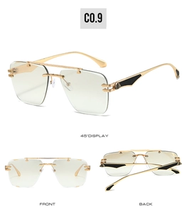 Three-way view of rimless gradient sunglasses with gold metal temples and geometric details
