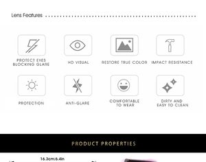 Detailed specs showing anti-glare, HD vision, and impact resistance for cat eye sunglasses