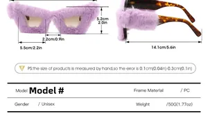 Size chart showing dimensions of purple plush cat eye sunglasses with tortoise temples