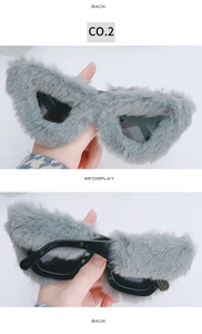 Detailed 45-degree and back view of cat eye sunglasses with gray faux fur trim