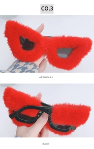 Front and back detail of creative red plush cat eye sunglasses with furry frame