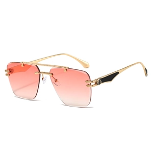 Frameless square sunglasses with gold metal temples and orange-pink gradient lenses