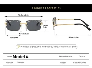 Detailed size chart for rimless rhinestone sunglasses showing all frame dimensions