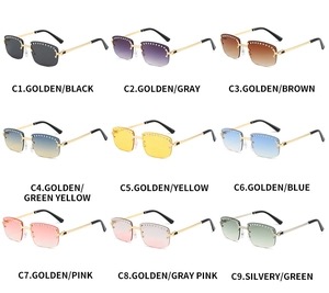 Detailed grid display of rimless rhinestone sunglasses in nine gradient lens colors