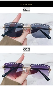 Detail of rimless square sunglasses with crystal rhinestones and golden metal bridge
