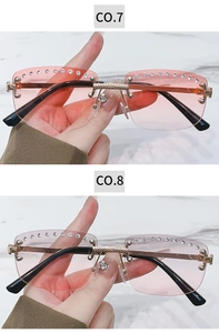 Detail of rimless gradient pink sunglasses with sparkling rhinestone crystals and gold temples