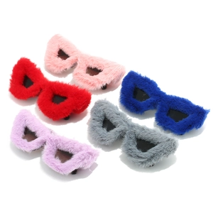Creative plush cat-eye sunglasses set featuring furry frames in vibrant neon colors