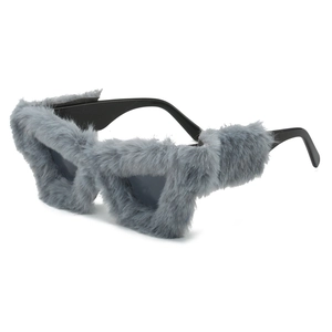 Creative gray plush cat eye sunglasses with furry frames and black glossy temples