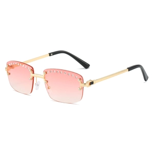 Frameless pink gradient sunglasses with sparkling crystals and gold metal frame