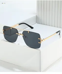 Detailed view of gold metal double bridge and textured hinge on rimless sunglasses