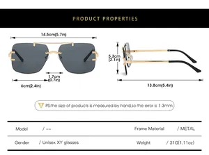 Detailed size chart for rimless square sunglasses with dimensions and metal frame specs