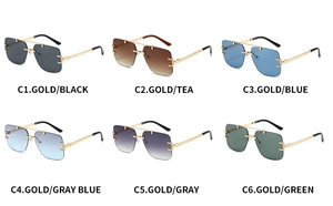 Six colors of rimless square sunglasses with gold metal temples and gradient lenses