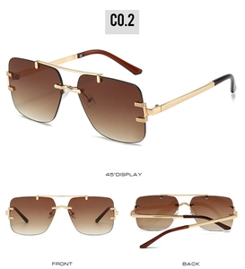 Three-angle view of rimless square sunglasses with brown gradient lenses and gold metal frame