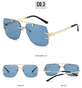Three-angle view of rimless square sunglasses with gold metal frames and blue lenses