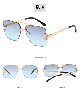 Frameless pilot sunglasses with gold double bridge and blue gradient lenses shown in multi-angle view