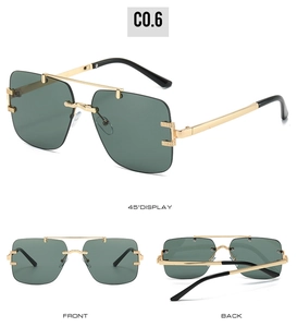 Multi-angle views of rimless square sunglasses with green lenses and gold metal bridge