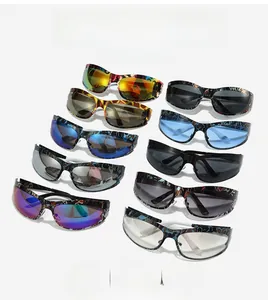 Detailed collection of colorful patterned sports wrap sunglasses with multiple lens tints
