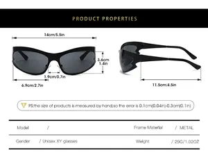 Size chart for stainless steel cat eye sunglasses with frame and lens measurements