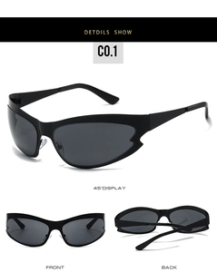 Detailed views of sporty cat-eye sunglasses with stainless steel frames and dark lenses