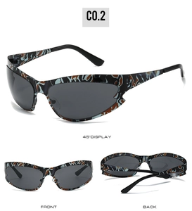 Three-angle views of grey camouflage cat-eye sports sunglasses with dark lenses