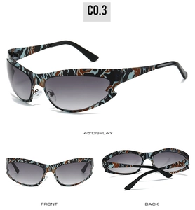 Multi-angle view of sporty cat-eye sunglasses with camo stainless steel frame