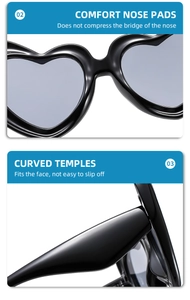 Détails de lunettes de soleil cœur avec plaquettes de nez et branches ergonomiques